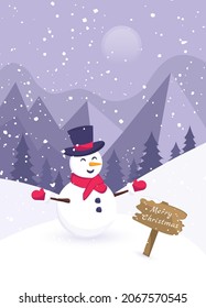 Winter illustration with a snowman, a wooden stand against the background of mountains and Christmas trees. For Christmas and New Year holidays. Vector illustration.