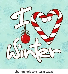 Winter illustration with stylized text I Love Winter on a snowflake patterned background