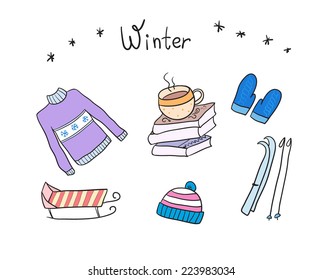 Winter illustration with sweater, books, hot cocoa, mittens, sleds, skis and hat