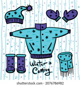 Ilustración de invierno. Diseño textil. 
Hola invierno. Ropa de invierno.