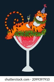 Winter illustration with a tiger. The tiger is celebrating the New Year. Tiger at the party