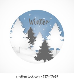 Winter illustration with trees and snow using paper art and craft style