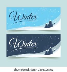 Winter illustration in trendy flat style - winter in the afternoon and night - background -winter landscape - background for banner, greeting card, poster and advertising- happy new year