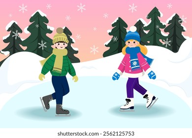 Winter illustration with two kids ice skating on a frozen pond surrounded by snowy trees. Bright colors, warm clothing, and falling snowflakes create a cozy holiday atmosphere.