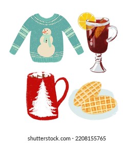 Winter illustration ugly sweater, waffles, cocoa, mulled wine