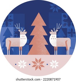 Ilustración de invierno. Plantilla de navidad vectorial. Tarjeta de Año Nuevo con ciervo y árbol de Navidad.