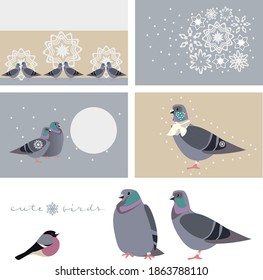 Winter illustrations with birds and snowflakes on a gray and beige backgrounds. Suitable for creating winter, holiday, New Year, Christmas  backgrounds, cards, posters