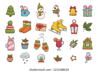 Winter illustrations. Cute vector icons: sweater, hat, snowflakes, gift, snowman, socks, lantern, tea, book, letter etc. Vector