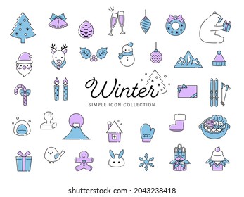 Iconos e ilustraciones de invierno dibujados con líneas simples: Navidad, Año Nuevo, decoraciones, naturaleza, etc. Versión azul y púrpura