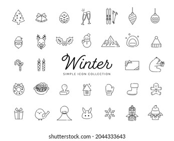 Winter illustrations and icons drawn with simple lines.　Christmas, New Year, decorations, nature, etc. Monochrome version
