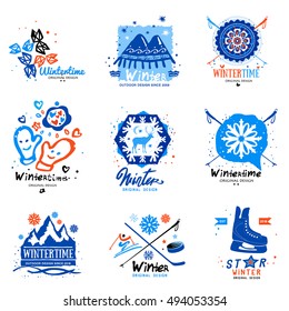 Winter illustrations and logo. Handmade winter decoration signs and symbols with a brush