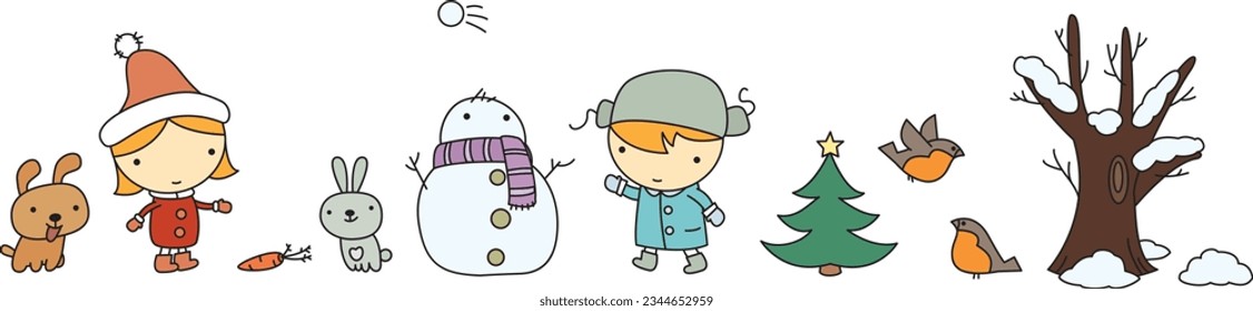 Ilustraciones de invierno con niños, animales, aves, muñecos de nieve y árboles. Imagen de dibujos animados