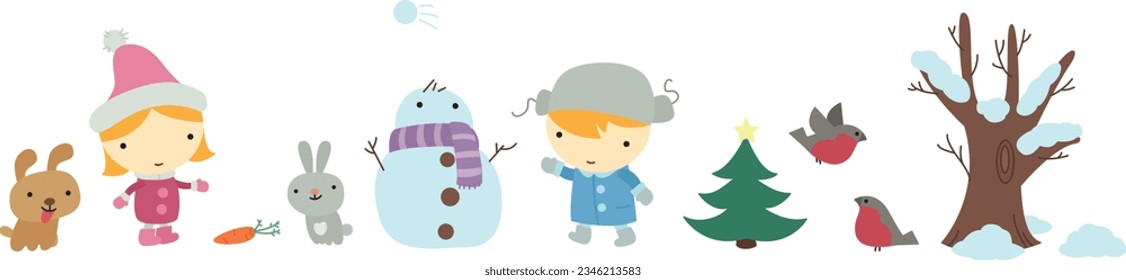 Winter illustrations set with children, snowman, animals, birds and trees. Vector cartoon picture