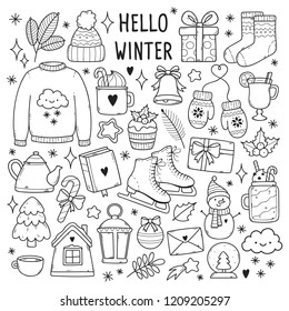 Winter illustrations set. Cute vector icons: sweater, hat, snowflakes, gift, snowman, socks, lantern, tea, book, letter etc.