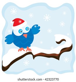 Winter image with cartoon blue bird wearing a red christmas hat and snowfall background. Vector illustration.
