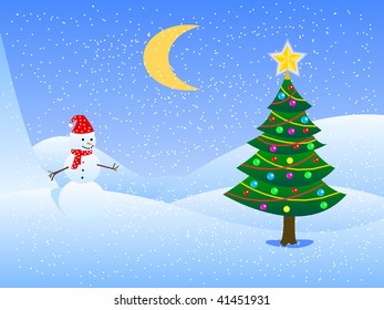 Winter image with christmas tree and snowman