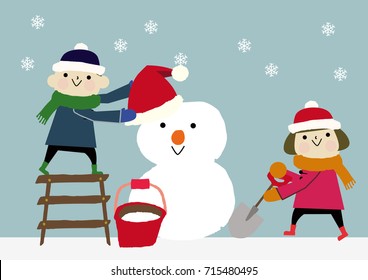 Winter image.Snowman with children.