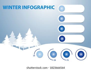 Winter infographic of four blank labels ready for your text and . Graph is showing quarter, half, three quarters and 100 percent. 