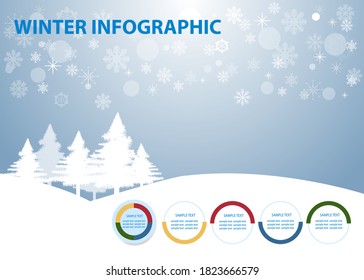 Winter infographic of round labels with half colored markings ready for your text. Winter snow landscape with trees and snowflakes is in the background. 