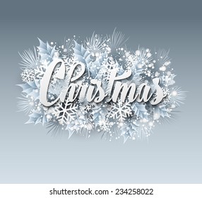 Winter inscription with fir branches and snowflakes. Vector illustration