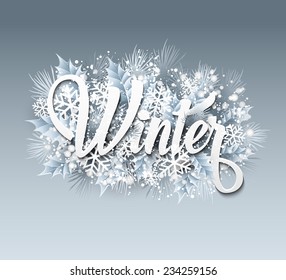 Winter inscription with fir branches and snowflakes. Vector illustration