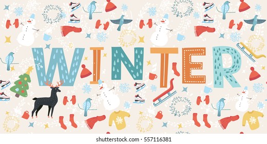 Winter inscription. Funny cartoon illustration on the background for Xmas invitation or greeting card, flayer, print and holiday poster.