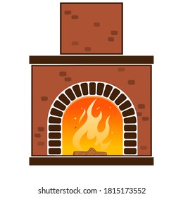 Fogata interior de invierno. Chimenea clásica de ladrillos rojos, llama brillante y troncos ardientes en el interior. Chimenea en casa para el confort y la relajación. Ilustración vectorial en estilo plano