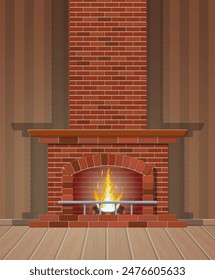 Winter interior bonfire. Classic fireplace made of red bricks, bright burning flame and smoldering logs inside. Home fireplace for comfort and relaxation. Vector illustration in flat style