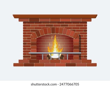 Winter interior bonfire. Classic fireplace made of red bricks, bright burning flame and smoldering logs inside. Home fireplace for comfort and relaxation. Vector illustration in flat style