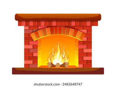 Winter interior bonfire. Classic fireplace made of red bricks, bright burning flame and smoldering logs inside. Home fireplace for comfort and relaxation. Vector illustration in flat style