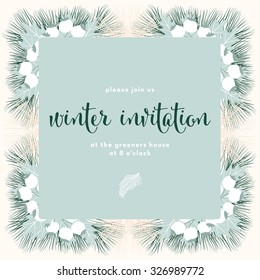 Winter invitation card with light green banner with nature elements. Can be used for a christmas or winter invitation card. Vector and illustration design.