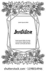 Winter Invitation Coloring page with geometric frame and winter natural decoration. New year and Christmas black and white template for greeting cards, coloring page and covers with text place.