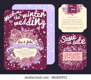 Winter invitation set with save the date card. Beautiful botanic invitation decorated with peonies