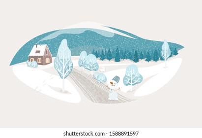 Winter isolated landscape vector background. Nature rustic scene with cute house, fir tree, road, snowman, hill. North outdoor snow home scenery.