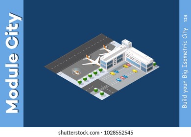 Winter isometric airport terminal with aircraft, air terminal, hangars and transport