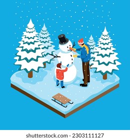 Winter isometric background with father and his little child sculpting snowman in spruce forest vector illustration