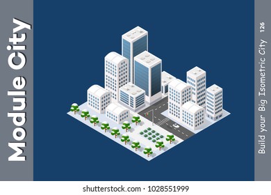 Winter isometric city with streets, skyscrapers, houses and transport