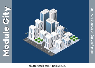 Winter isometric city with streets, skyscrapers, houses and transport