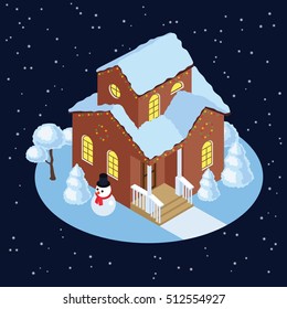 Winter isometric  house.  ?osy house decorated for Christmas. Isometric house covered by snow with lighting windows. Isometric Christmas house. Isometric cort with snowman and fir trees winter cottage