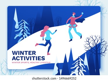 Winter isometric people, girls playing snowballs, snowman, happy 3d vector sport family playing, outdoor activity, snow games, simple cartoon characters, ui, ux design