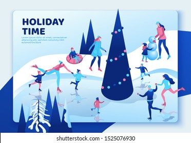 Winter isometric people landing page, 3d vector sport family ice skating, christmas tree decorated, playing snowballs, simple skater, tubing, riding at mountain, outdoor snow games, ui, ux design