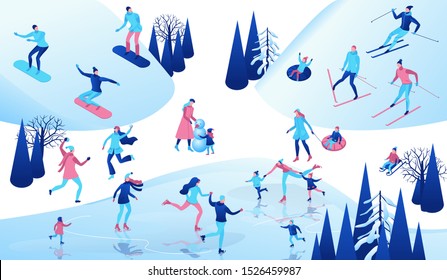 Winter isometric people set, 3d vector sport family ice skating, skiing, snowboarding, playing snowballs, simple skater, ski, tubing, riding at mountain, outdoor snow games, cartoon characters