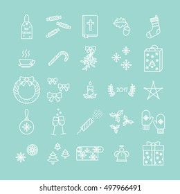 Winter items icon set. Christmas and New Year icons. Pixel perfect Christmas icons. Good for use and edit. Happy New Year line icons.