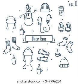 Winter items in line art style