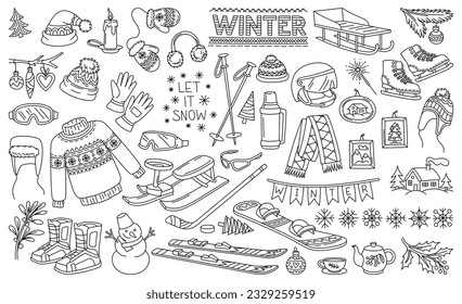 Winter items set. Outline New Year or Christmas decorations, toys and mistletoe. Warm clothes, mittens, sweater and hat for skiing and skating sports. Linear flat vector isolated on white background