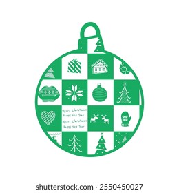 Winter Items in Shape of Christmas Ball. Winter Square Pattern. Geometric Checked Print. Christmas Holiday Chess Design Element. Christmas Tree, Deer, Gift, Heart, Glove, House. Vector in Green White