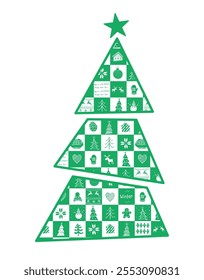 Winter Items in Shape of Christmas Tree. Winter Square Pattern. Geometric Checked Print. Christmas Chess Design Element. Christmas Tree, Deer, Gift, Heart, Glove, House. Vector in Green White