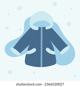 Winter jacket for babies and children with cartoon illustration. Handmade jacket on a blue and white background. Children's wardrobe, fashion concept. Winter-autumn outerwear. Vector illustration
