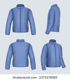 Winter jacket. Clothes mockup template of winter men wear decent vector realistic jacket