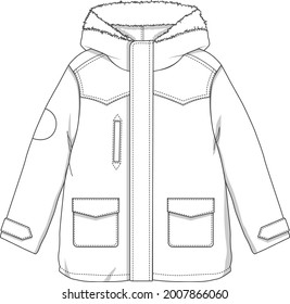 Winter jacket with hoody patch pocket with full sleeve flat sketch